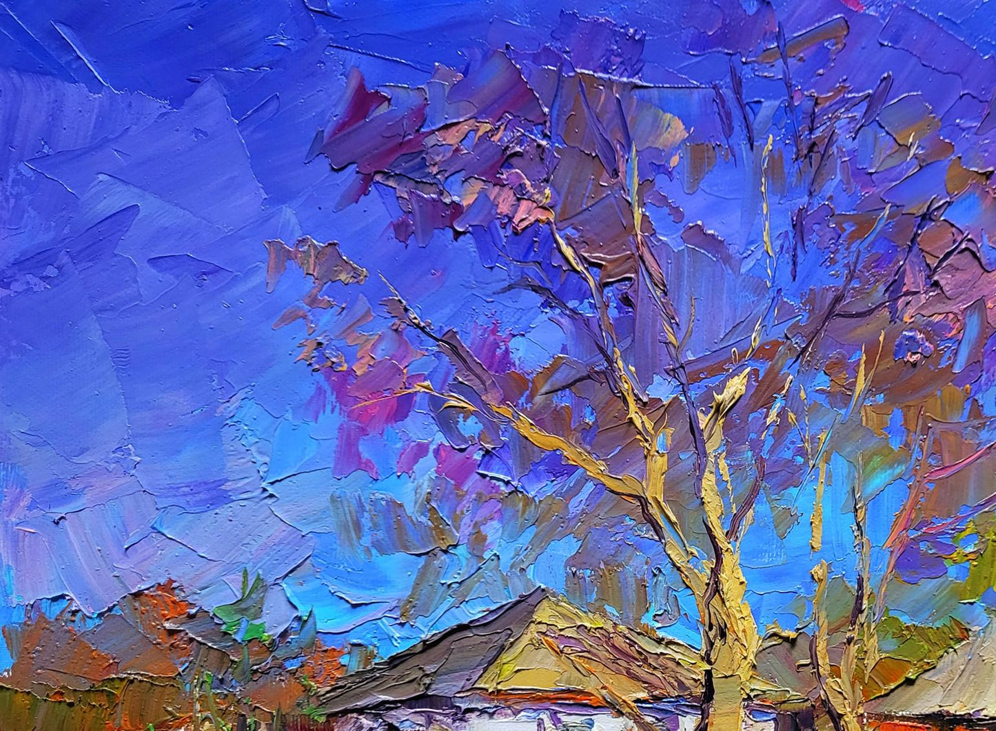 Oil painting Early spring by Boris Serdyuk, vibrant blue purple tree