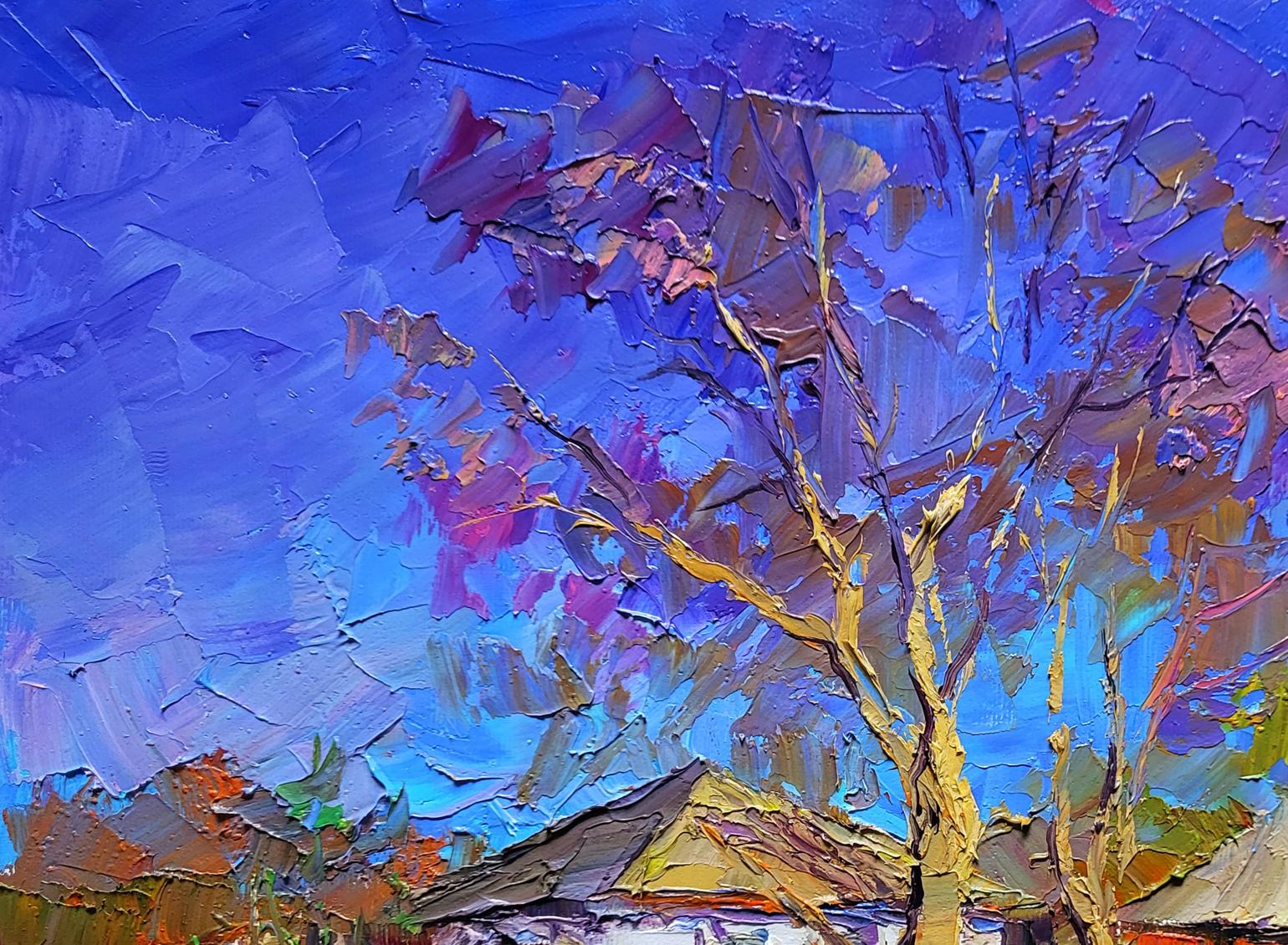 Oil painting Early spring by Boris Serdyuk, vibrant blue purple tree