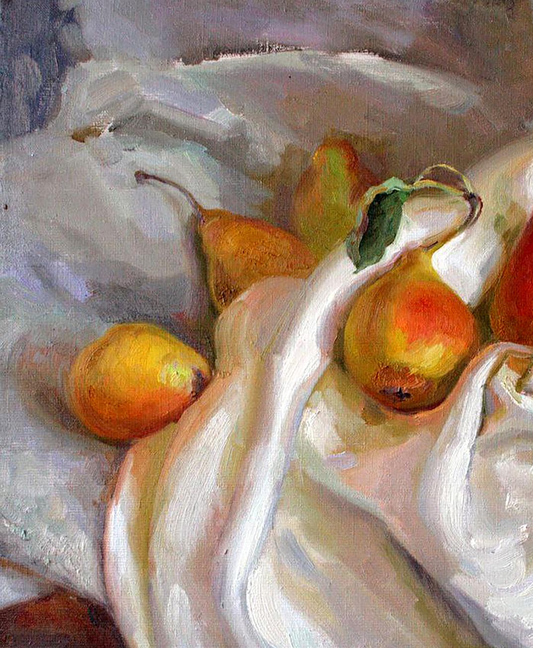 Oil painting Grandma’s pears by Leonid Pavlenko, soft-focus ripe pears