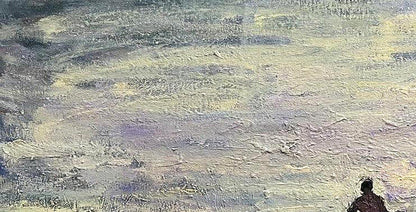 Oil painting Conversation by Volodymyr Pashchenko: silhouetted figure in gray-purple landscape
