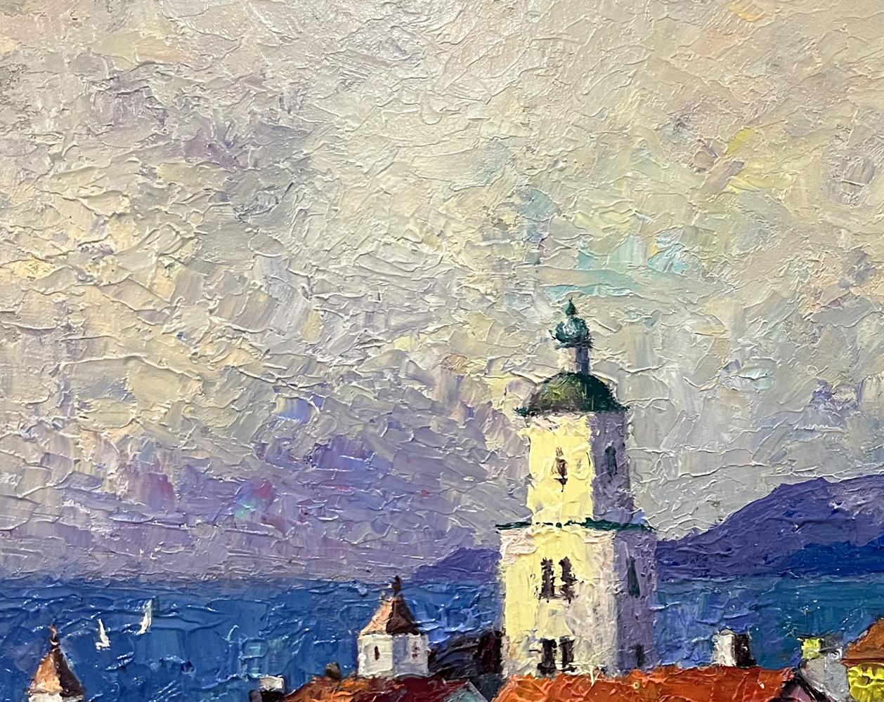 Oil painting by Serhiy Rybak: cream bell tower with green dome, cloudy sky