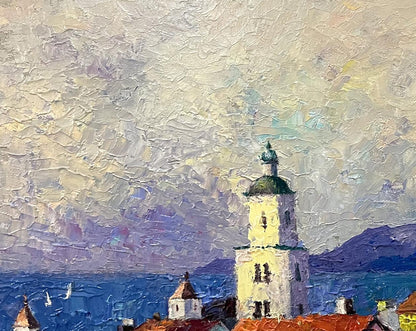 Oil painting by Serhiy Rybak: cream bell tower with green dome, cloudy sky