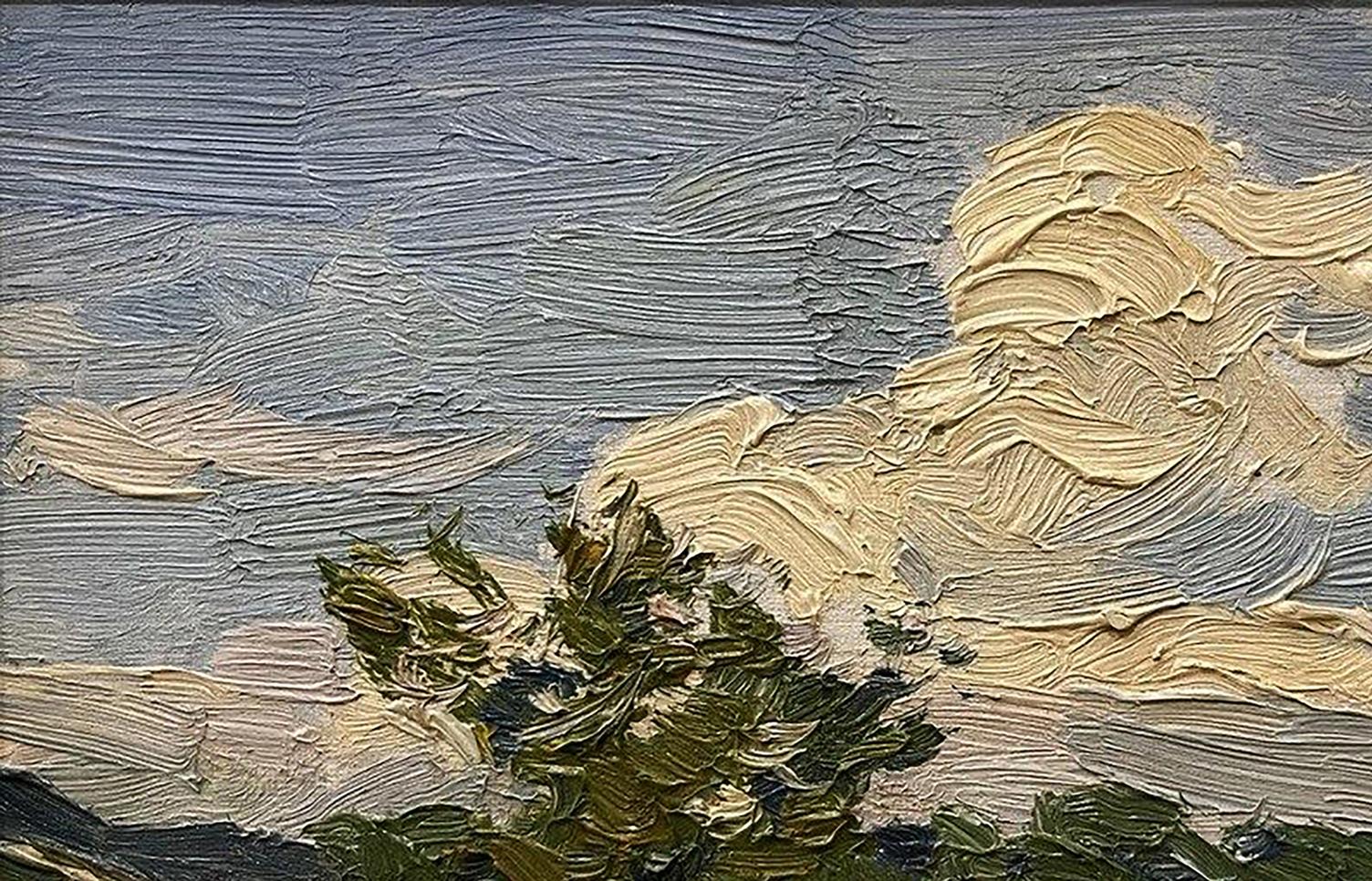 Oil painting White clouds by Yury Konovalov textured sky and foliage