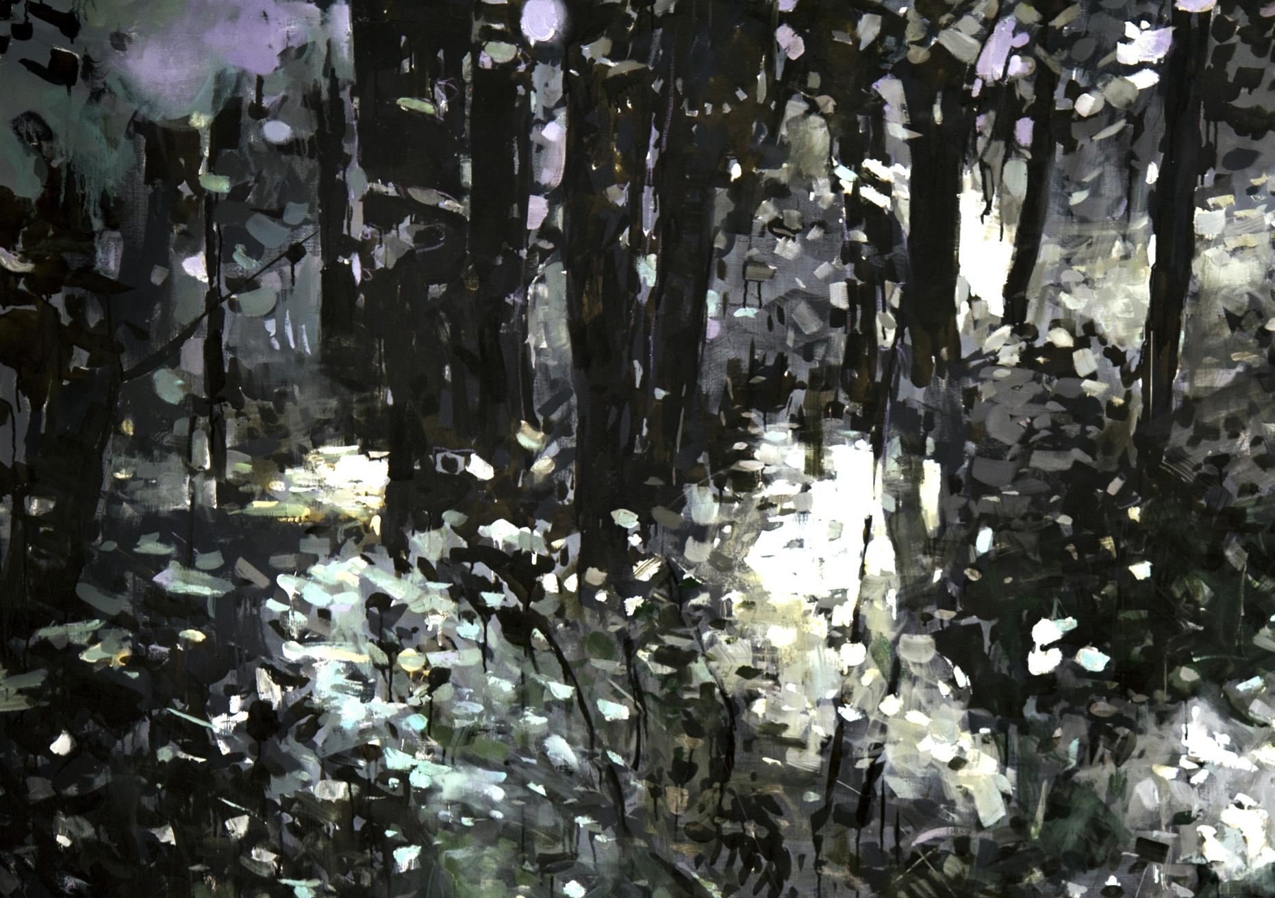 Oil painting Enlightenment by Ed Potapenkov: textured dark forest with dappled light