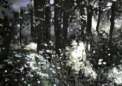 Oil painting Enlightenment by Ed Potapenkov: textured dark forest with dappled light