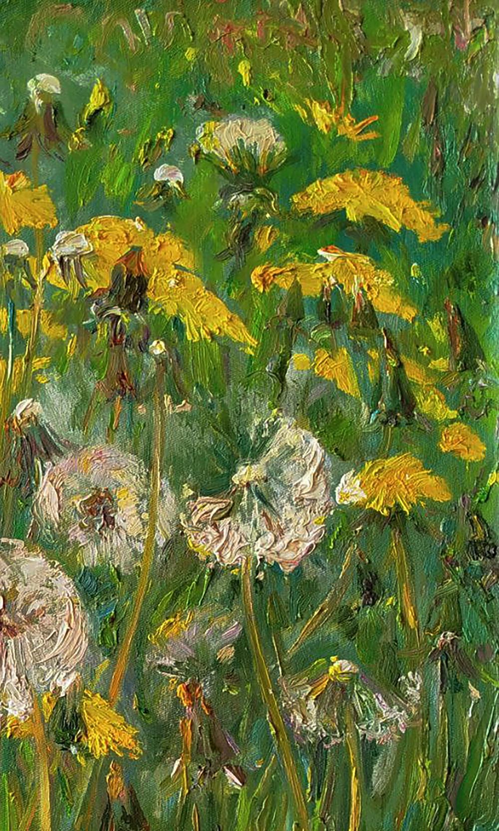 Vibrant oil painting of green dandelions by Leonid Pavlenko