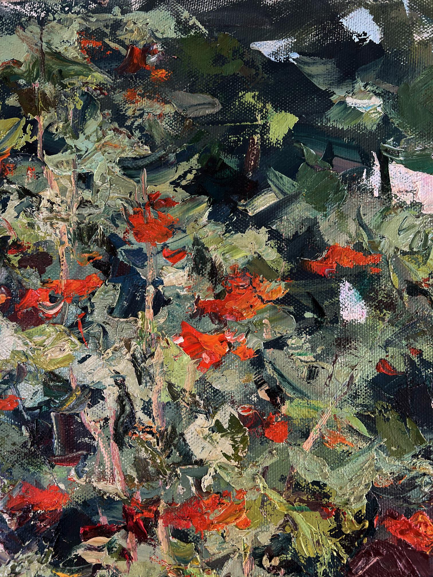 Vibrant red flowers in lush green foliage, oil painting by Alexander Cherednichenko