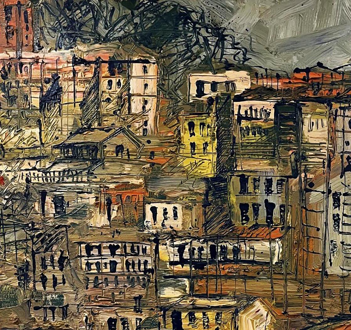 Abstract expressionist oil painting of multilevel city by Serhiy Kovalev