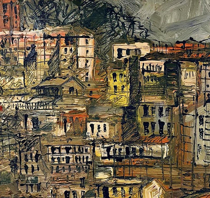 Abstract expressionist oil painting of multilevel city by Serhiy Kovalev