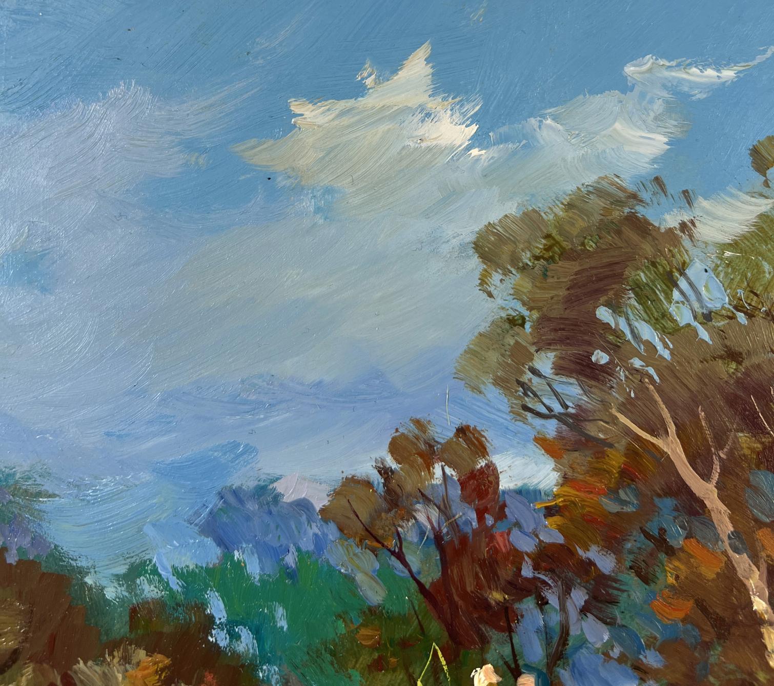 Oil painting A walk in the forest by Yuriy Suprunchuk with blue sky and autumn trees