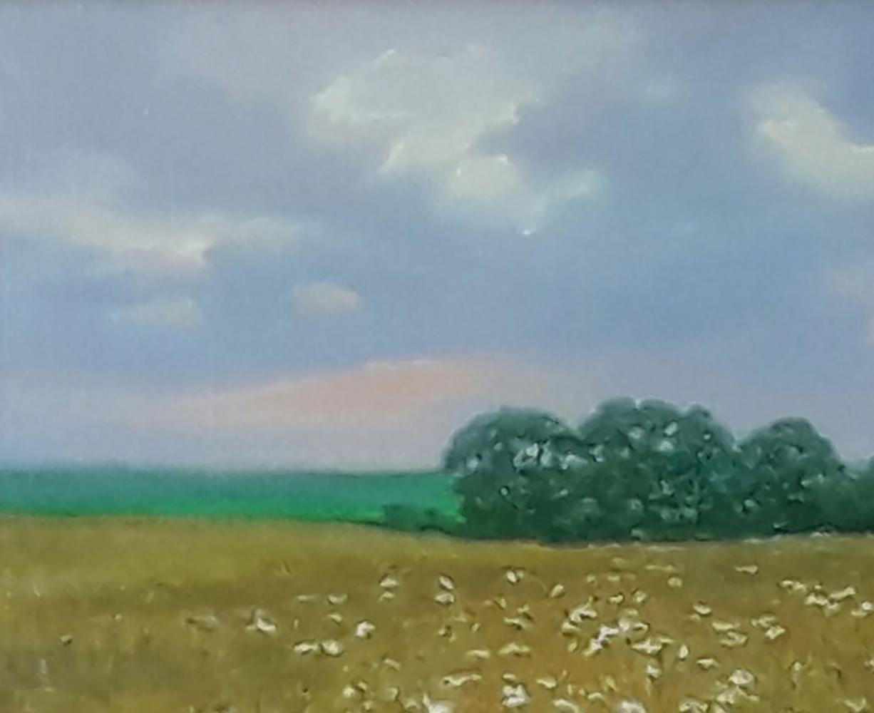 Oil painting The last warm days of summer by Vasily Korkishko, serene golden field