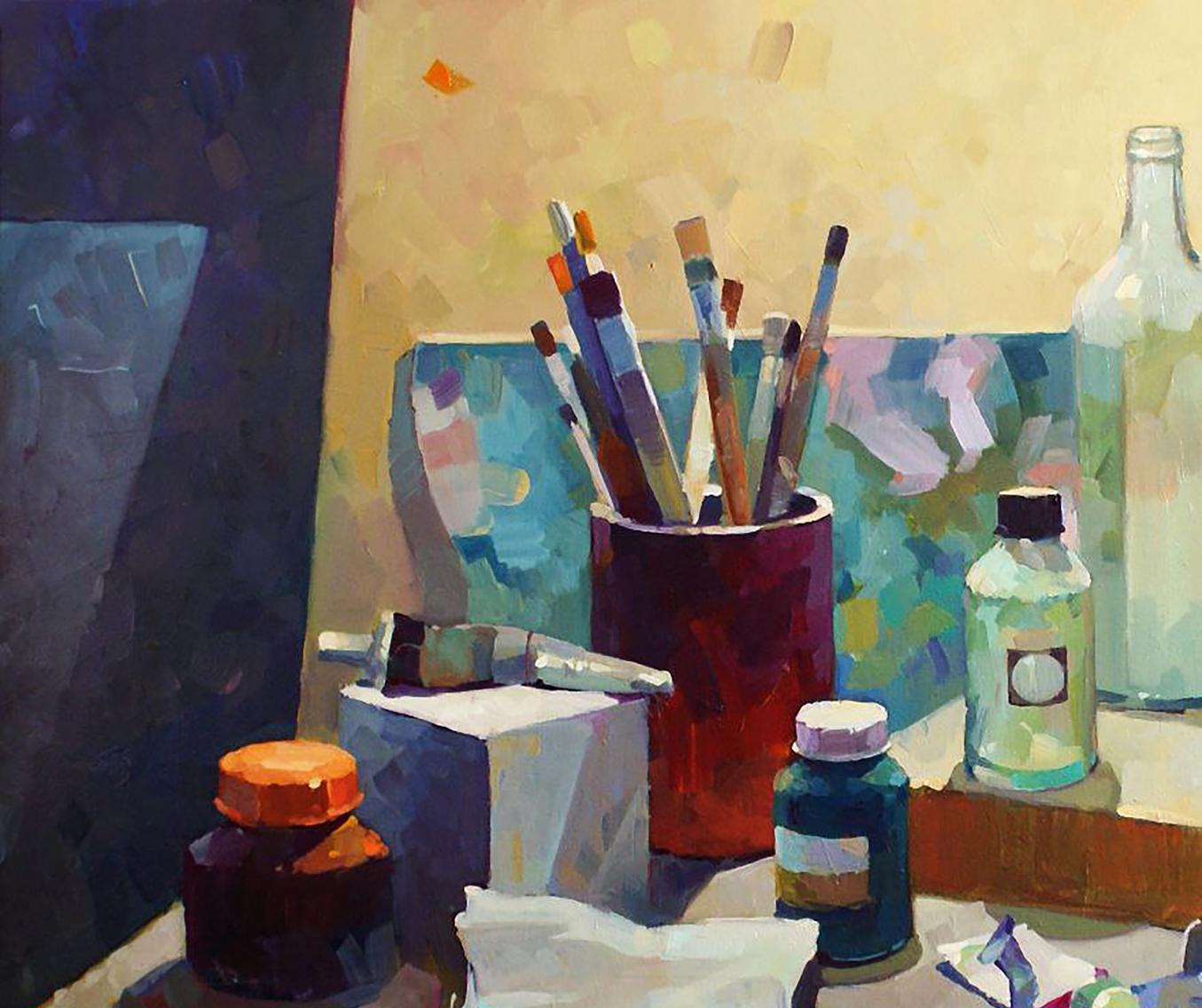 Oil painting still life with paints and brushes by Anastasia Yaroshevich