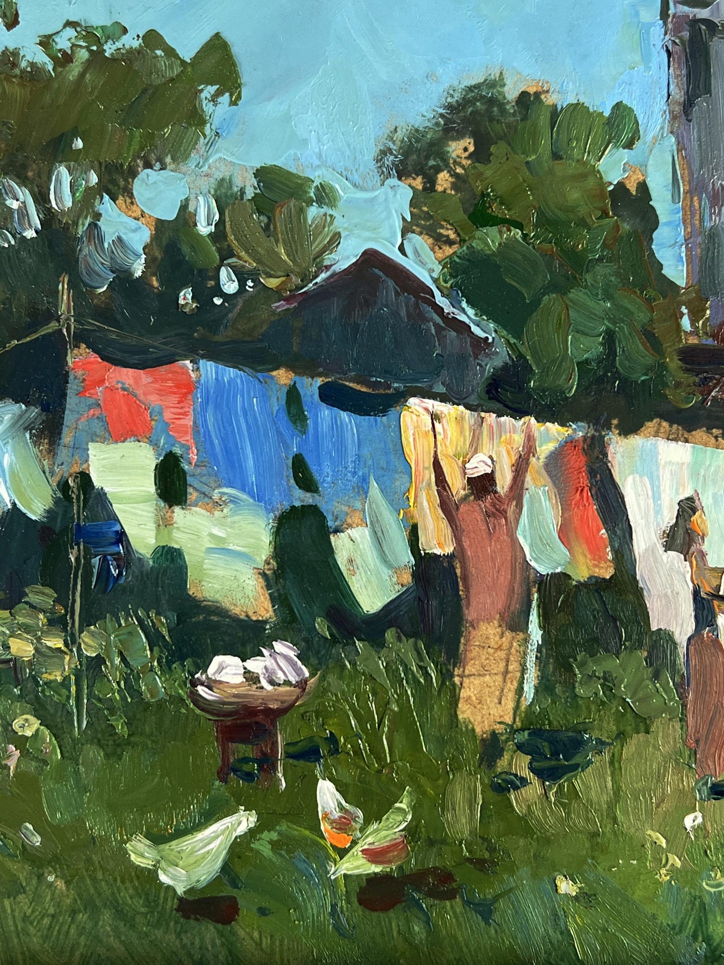 Vibrant impressionistic oil painting by Yuriy Suprunchuk of daytime rural laundry line