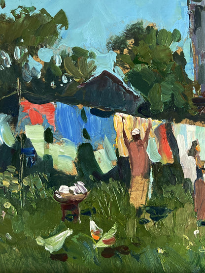 Vibrant impressionistic oil painting by Yuriy Suprunchuk of daytime rural laundry line