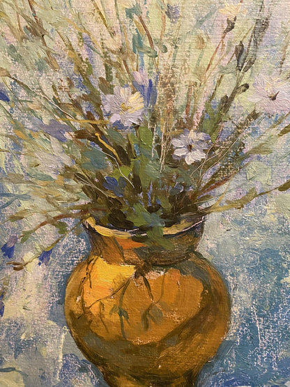 Oil painting by Vladimir Podlevskii of golden vase with purple white wildflowers