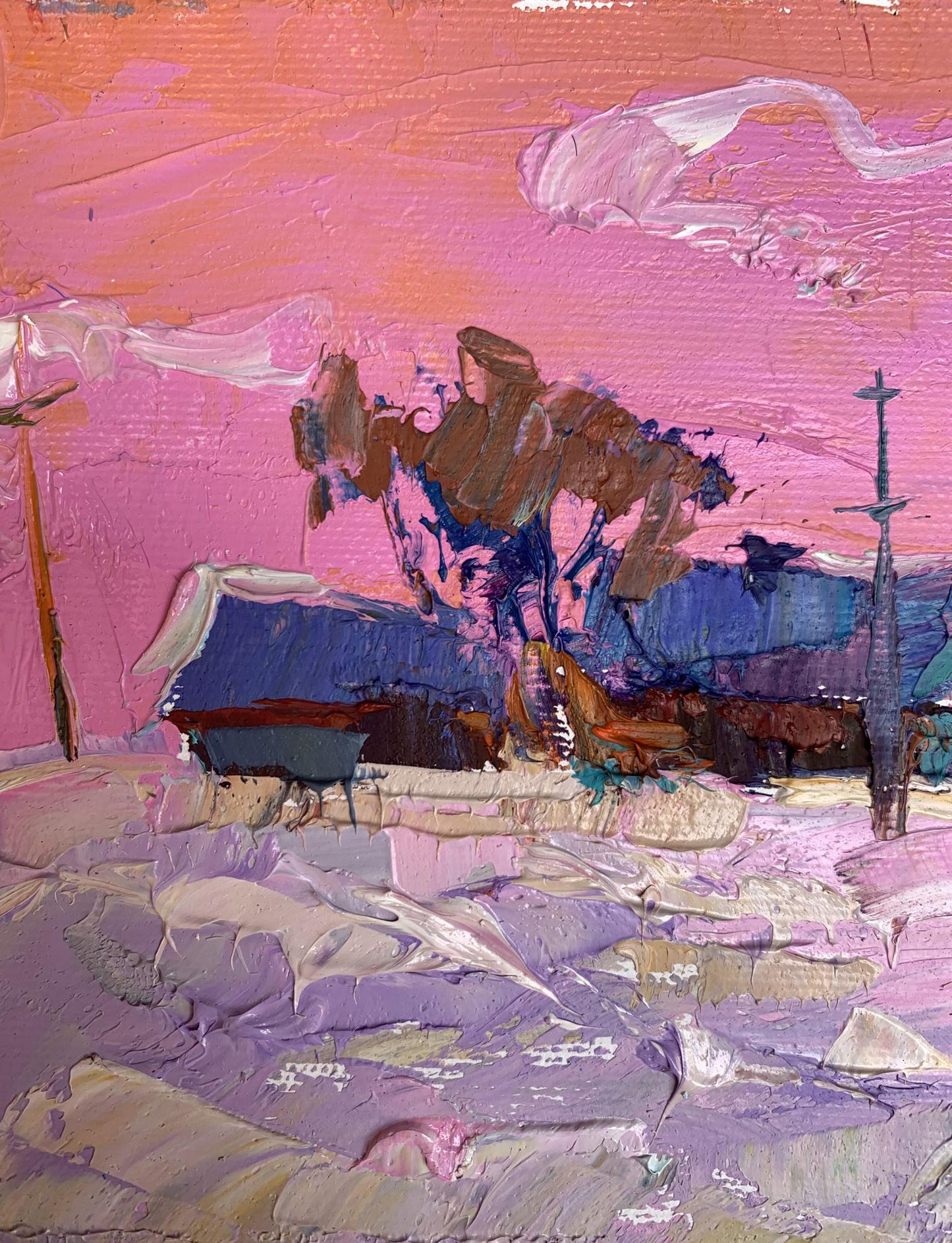 Oil painting It snowed in the evening by Oksana Ivanyuk with pink sky