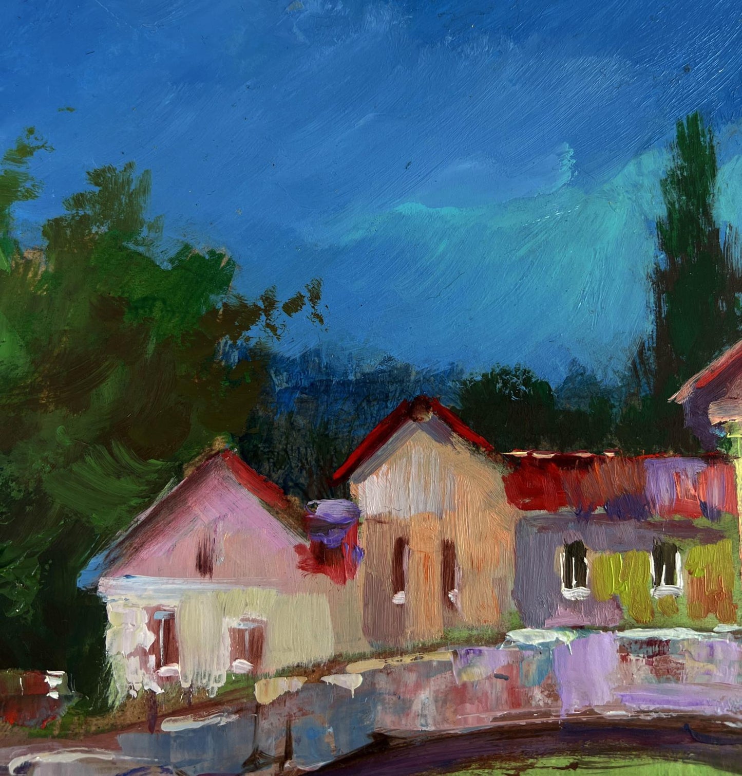 Vibrant impressionist oil painting by Yuriy Suprunchuk of relaxing riverside village scene