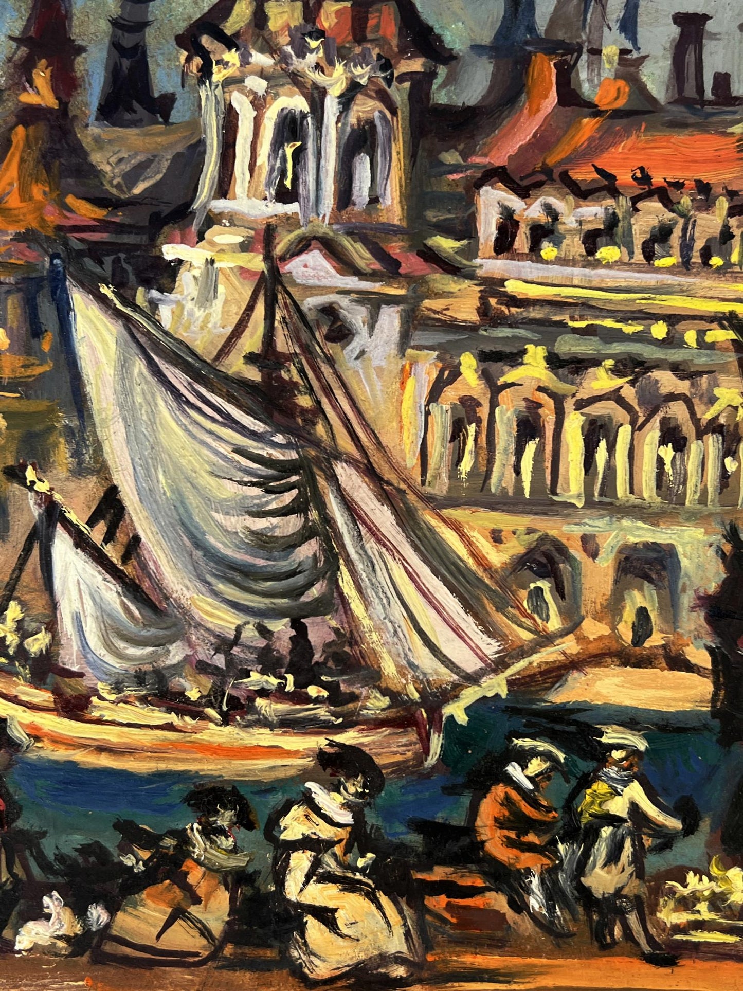 Vibrant impressionist oil painting of sailboat in harbor by Litvinov