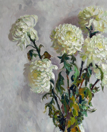 Oil painting Melancholy by Leonid Pavlenko: white chrysanthemums bouquet