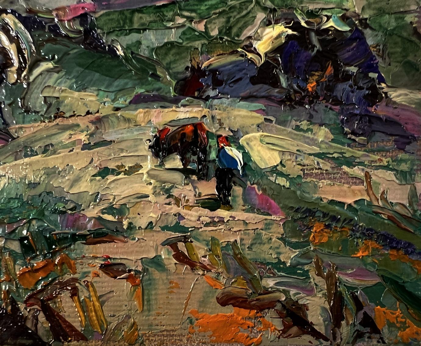 Impasto oil painting by Oksana Ivanyuk: figure and ox in moonlight landscape