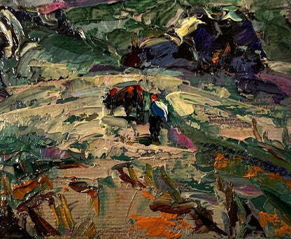 Impasto oil painting by Oksana Ivanyuk: figure and ox in moonlight landscape