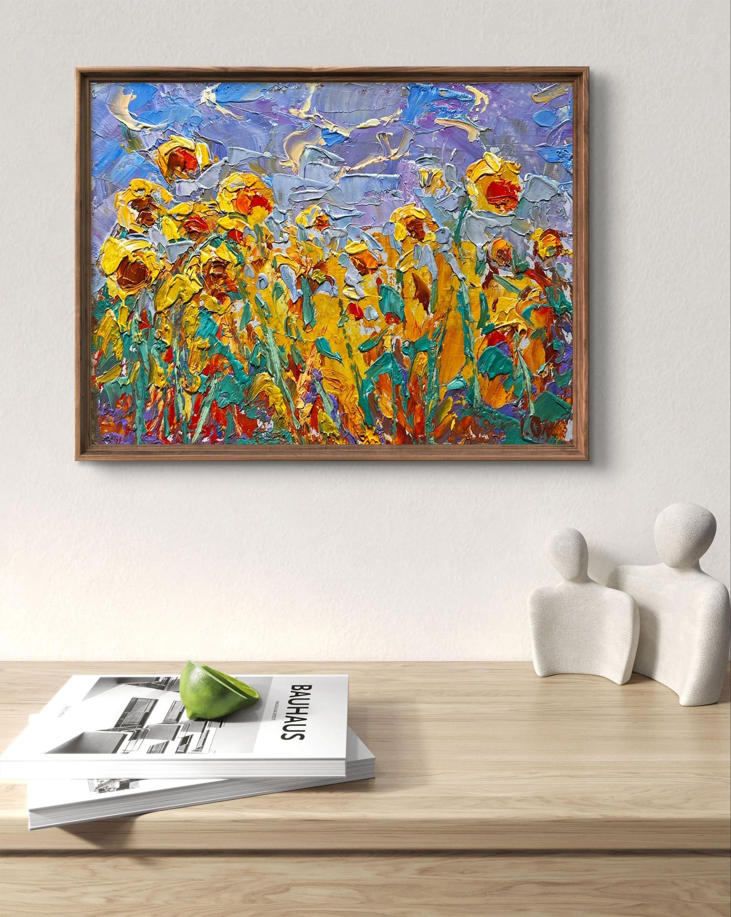 Vibrant yellow sunflower field oil painting To the sky by Oleksiy Ivanyuk in rustic frame