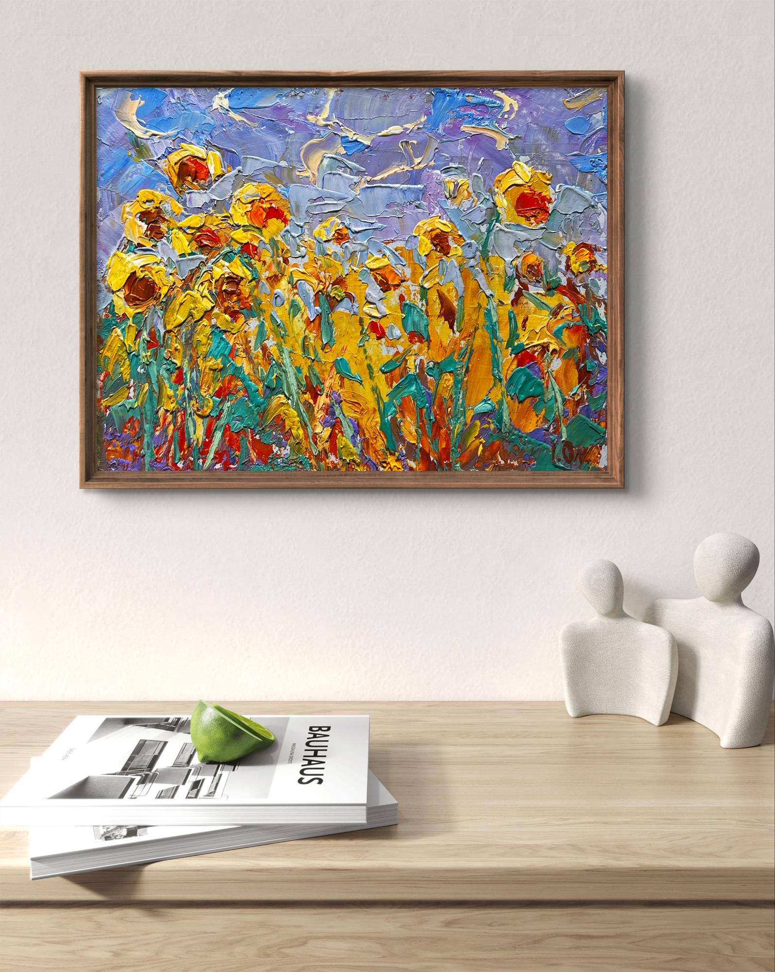 Vibrant yellow sunflower field oil painting To the sky by Oleksiy Ivanyuk in rustic frame
