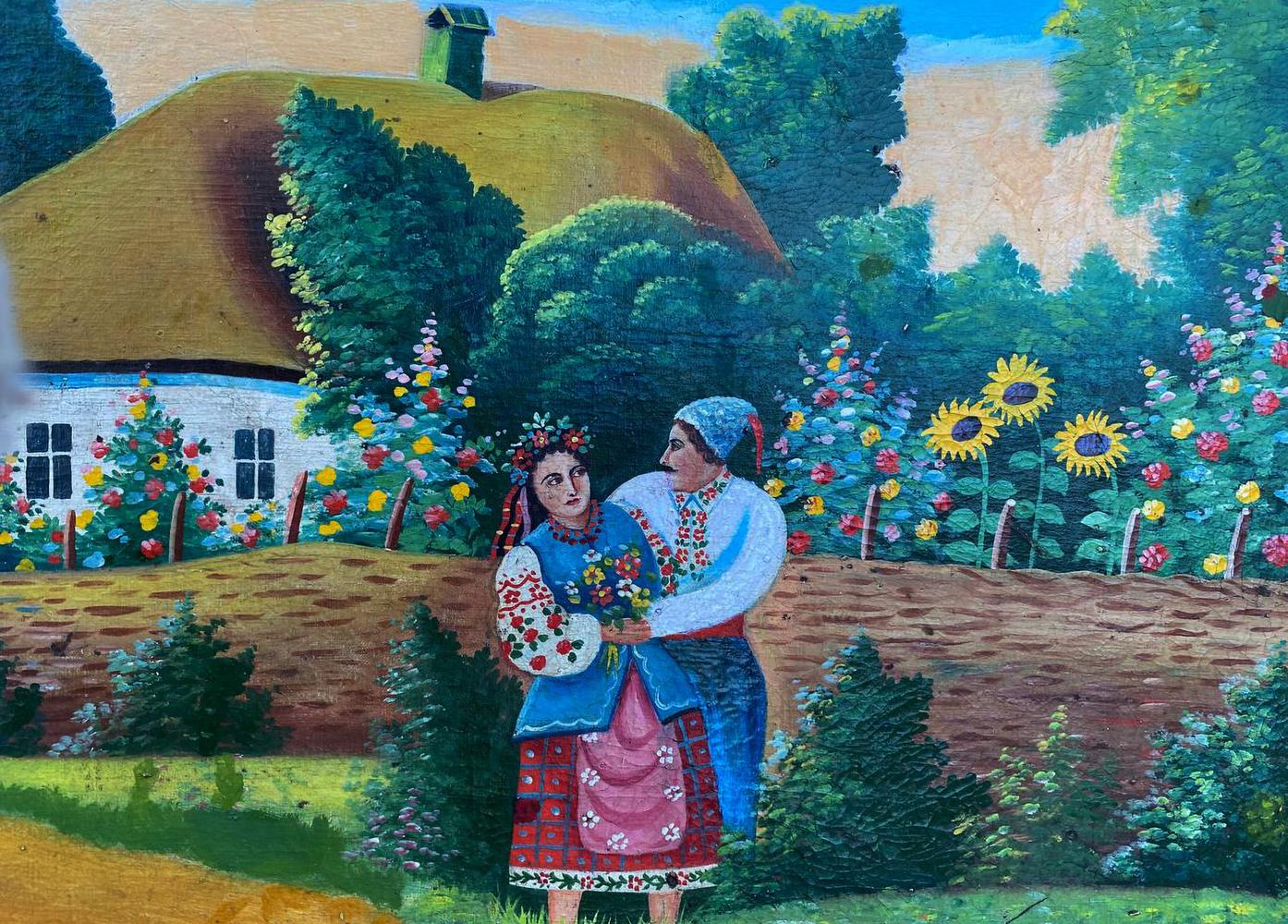 Oil painting Evening romance near home: couple in embroidered attire amid sunflowers