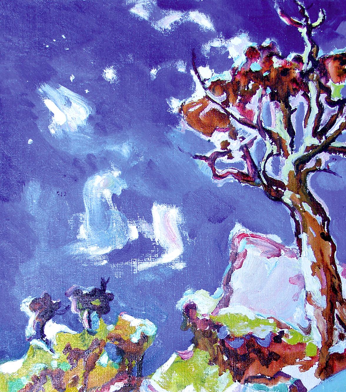 Oil painting In the mountains by Leonid Pavlenko: snow tree purple sky