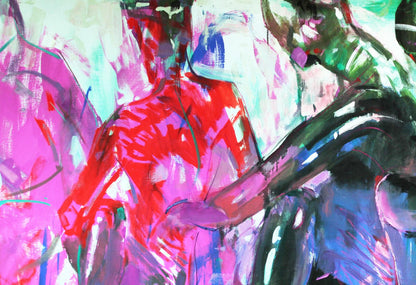 Vibrant Asana Ed Potapenkov oil painting with red pink purple strokes on teal black