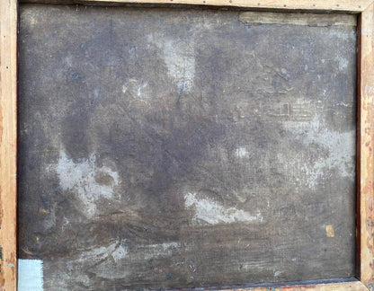 Back of framed oil painting of people relaxing by river, aged textured canvas