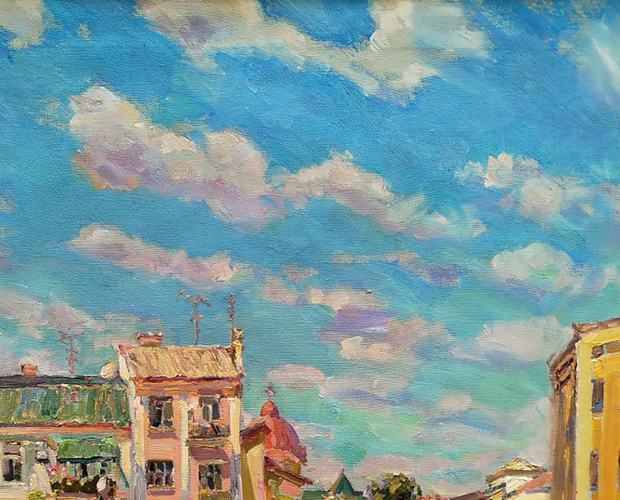 Quiet city street oil painting by Leonid Pavlenko, vibrant impressionist cityscape
