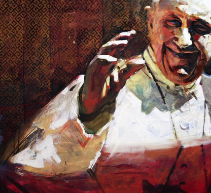 Oil painting Ablution by Ed Potapenkov: smiling elderly cleric on red-brown background