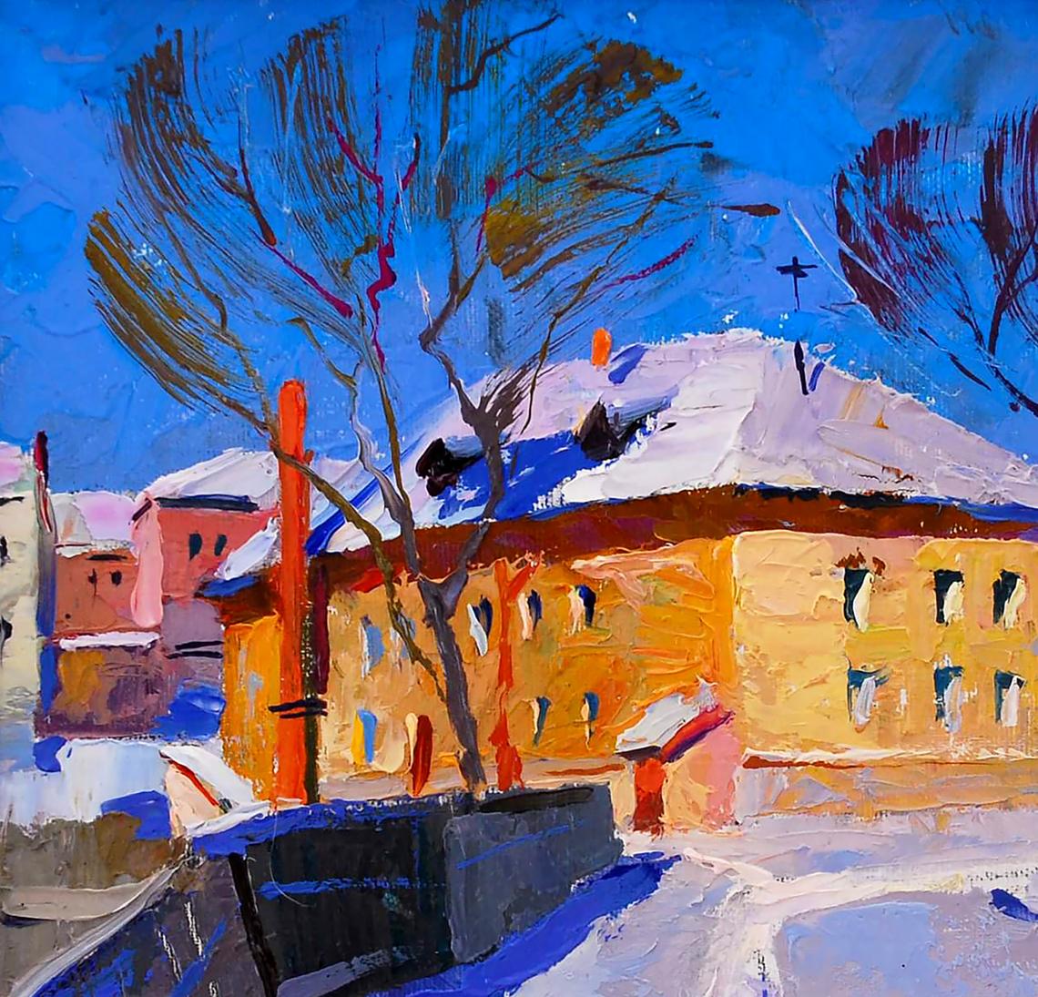 Oil painting It was snowing by Egor Shvachunov: vibrant orange building with snow-covered roof