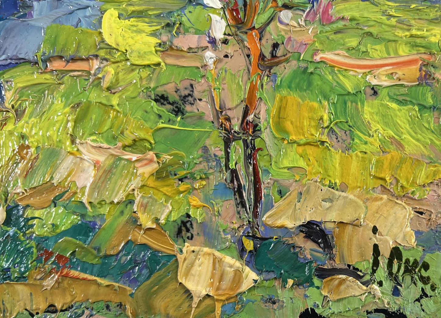 Oil painting Silence and sun in the yard by Oksana Ivanyuk with vibrant tree