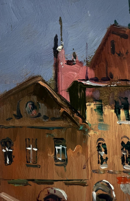 Oil painting of Venetian ferry boat by Yuriy Suprunchuk with rustic buildings
