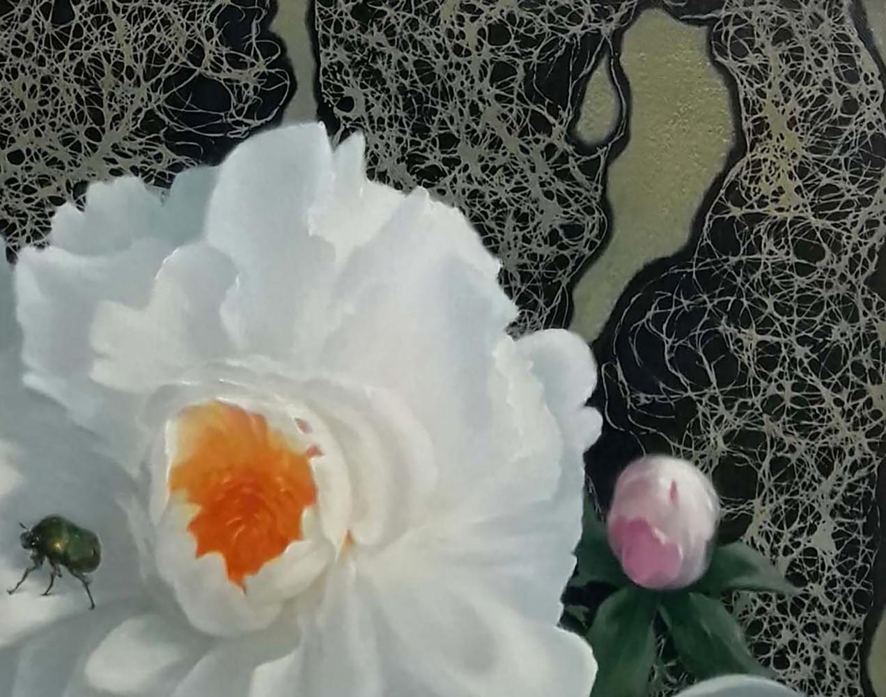 Delicate white peony with orange center oil painting by Vasily Korkishko