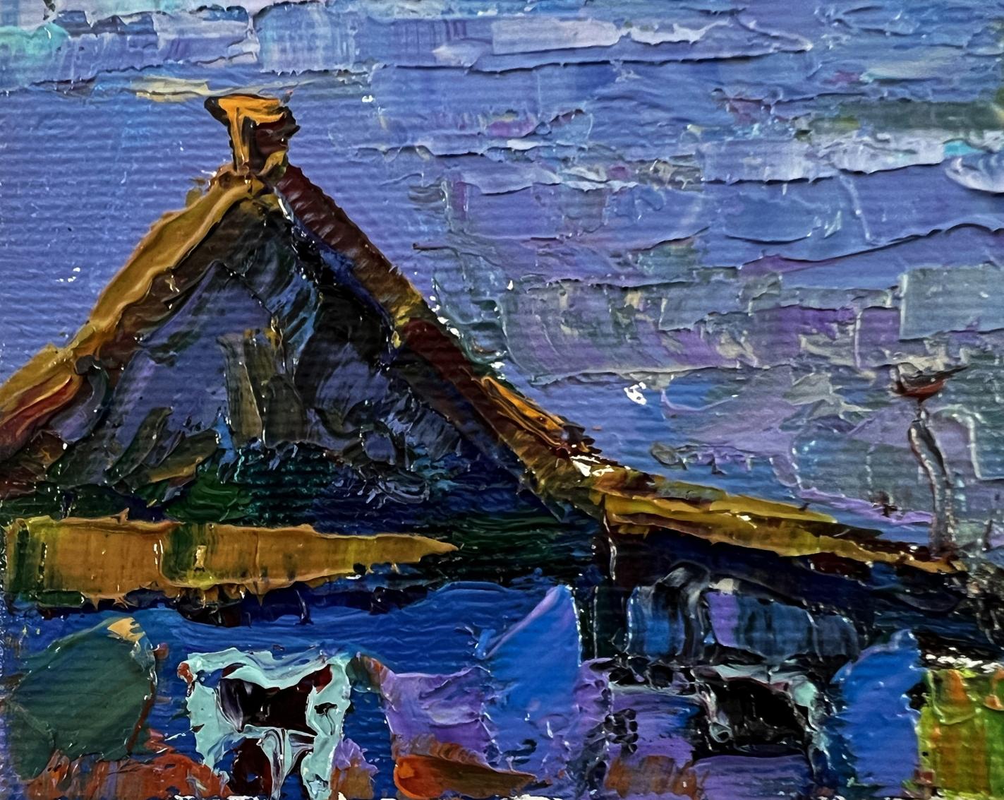 Textured impasto oil painting of evening river roof by Oksana Ivanyuk