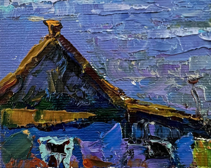 Textured impasto oil painting of evening river roof by Oksana Ivanyuk