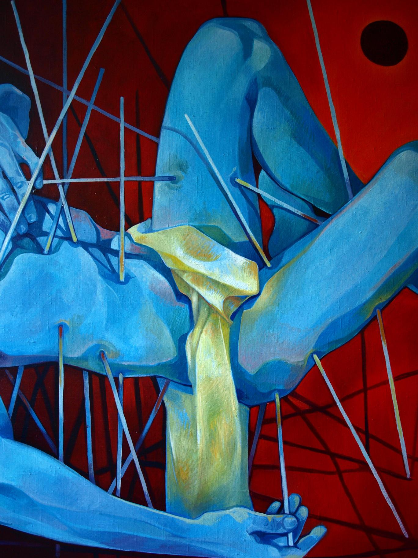 Oil painting Bhishma by Konsta G. Amelinn: surreal blue figure with yellow scarf on red background