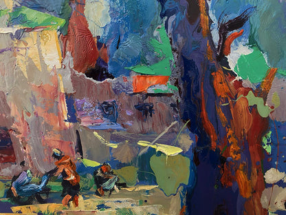 Vibrant Oleksiy Ivanyuk oil painting Fairground square in bold blues greens oranges purples