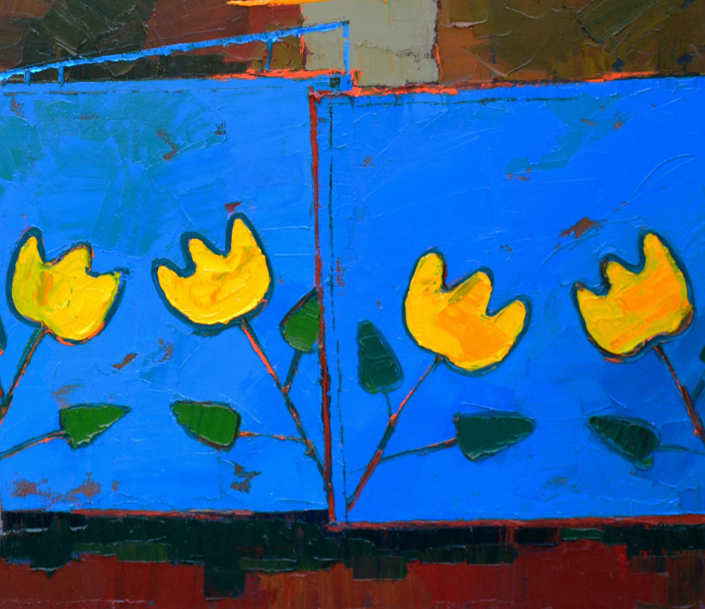 Oil painting of vibrant yellow tulips by Natalia Korf-Ivaniuk