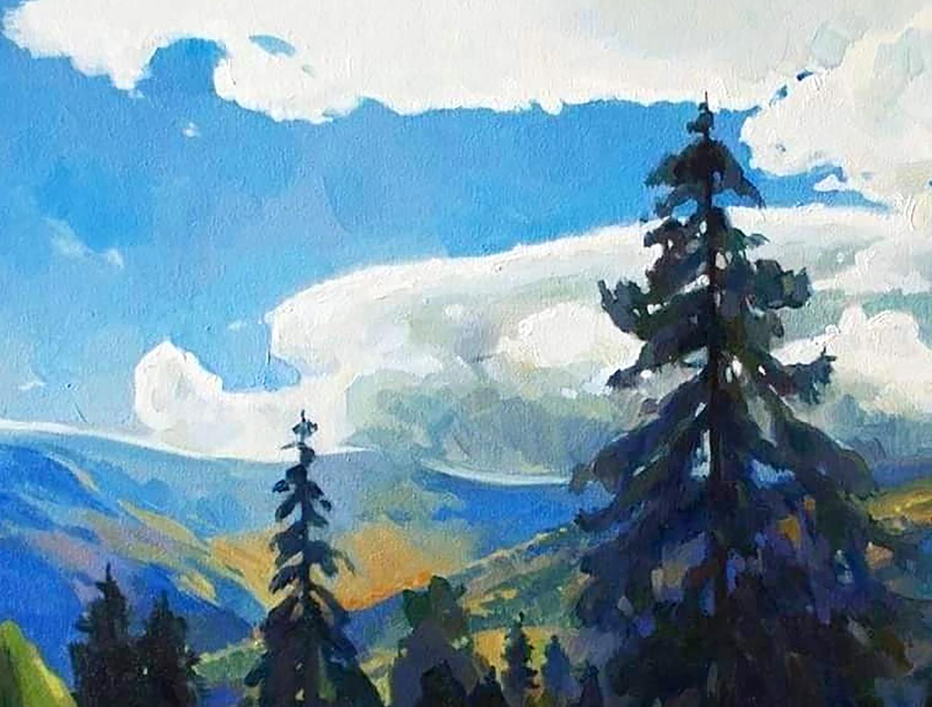 Oil painting September in the mountains by Anastasia Yaroshevich: vibrant impressionist pines and blue sky