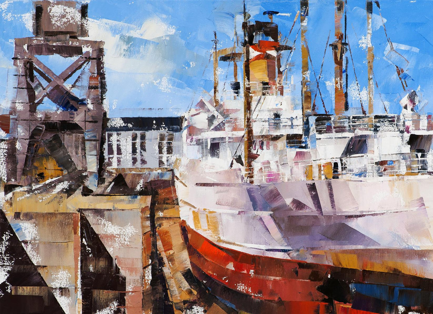 Oil painting of Cargo ship Turrialba in Southampton drydock by Volodymyr Gluhomanyuk
