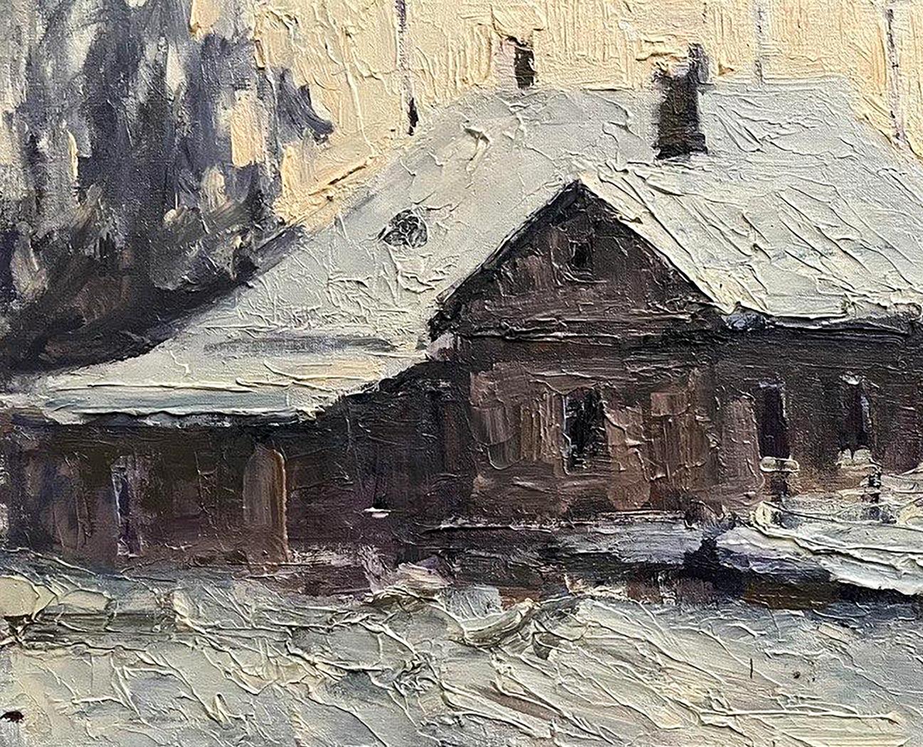 Oil painting White evening Volodymyr Pashchenko rustic snowy house impasto