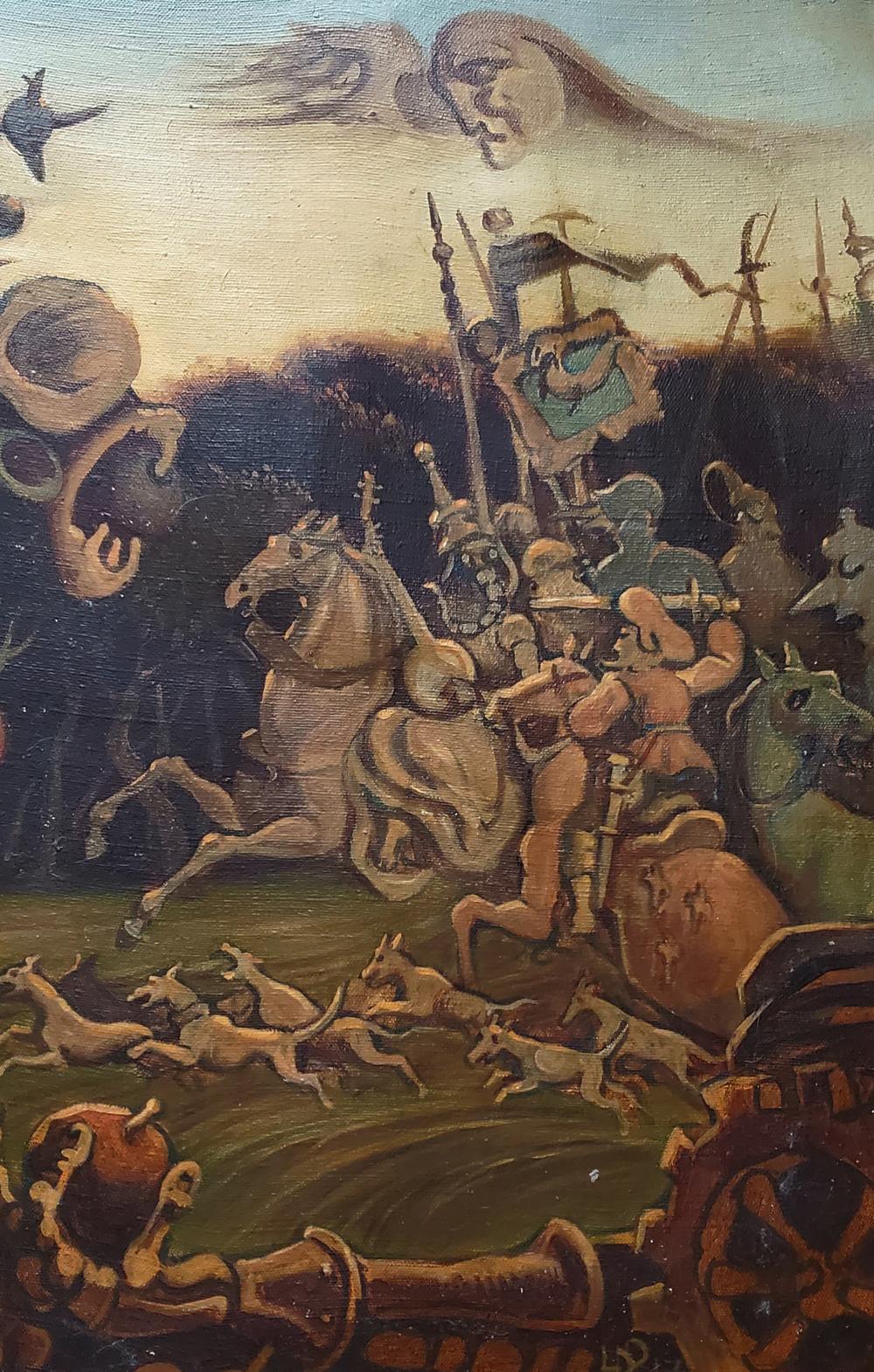 Oil painting An Evening of Recklessness by Daniil Litvinov: surreal knight battle