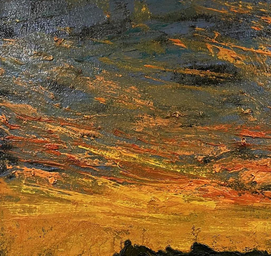 Oil painting Over the Mountains by Serhiy Kovalev, abstract swirls in orange, yellow, blue