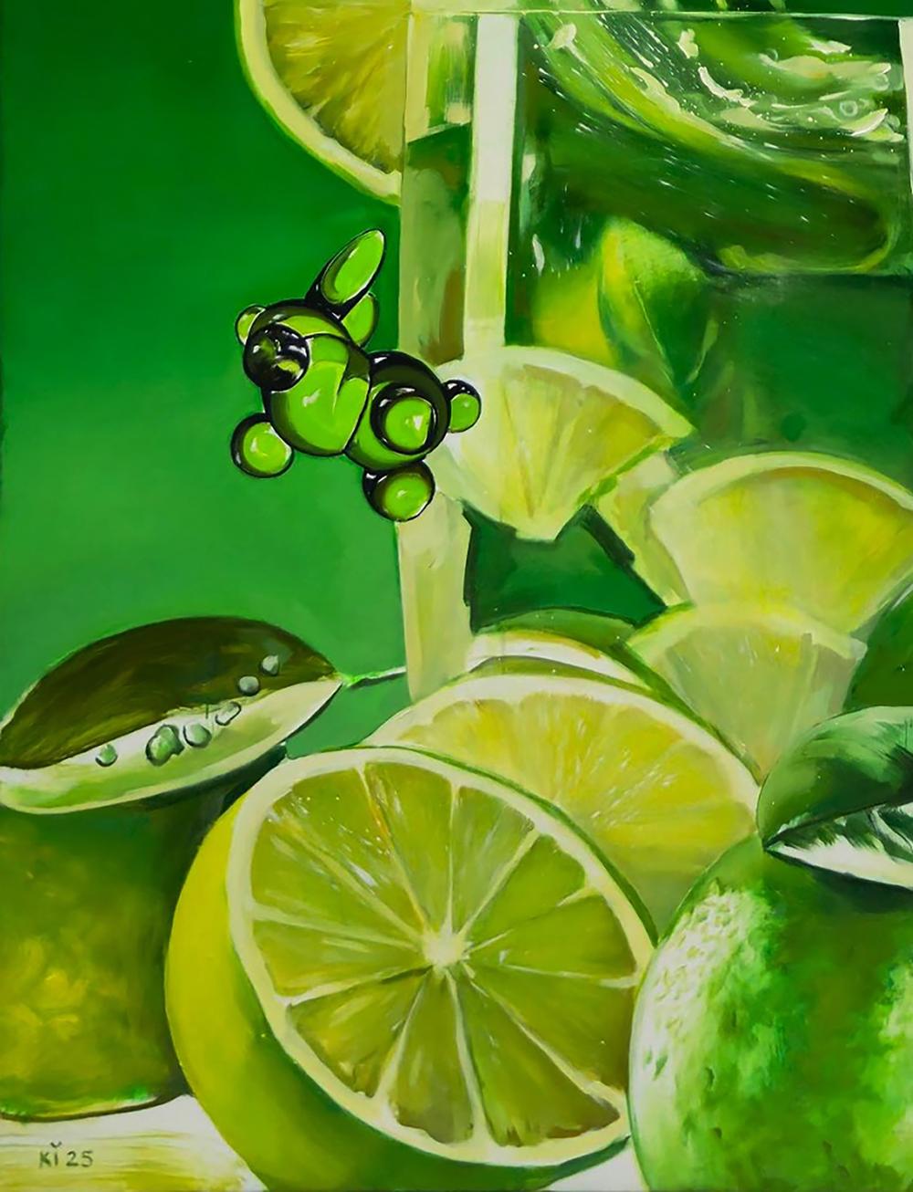 Glossy green glass lime figurine floating over limeade oil painting by Igor Konovalov