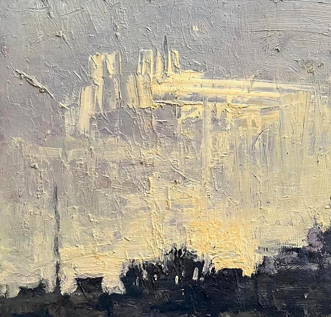 Abstract textured painting featuring thick impasto strokes of gray, pale yellow, and dark black.
