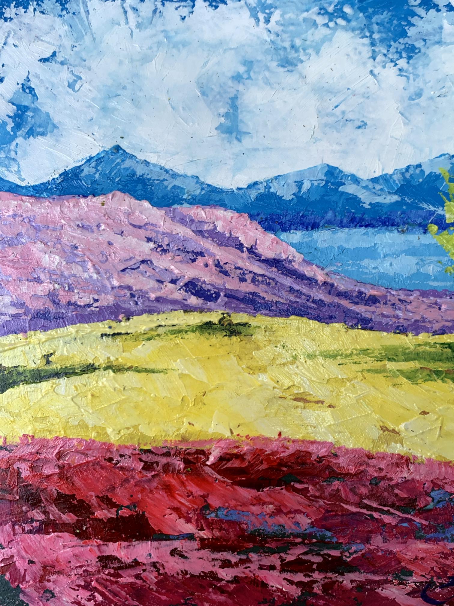 Oil painting of mountain lake and three trees by V. Zadorozhnya